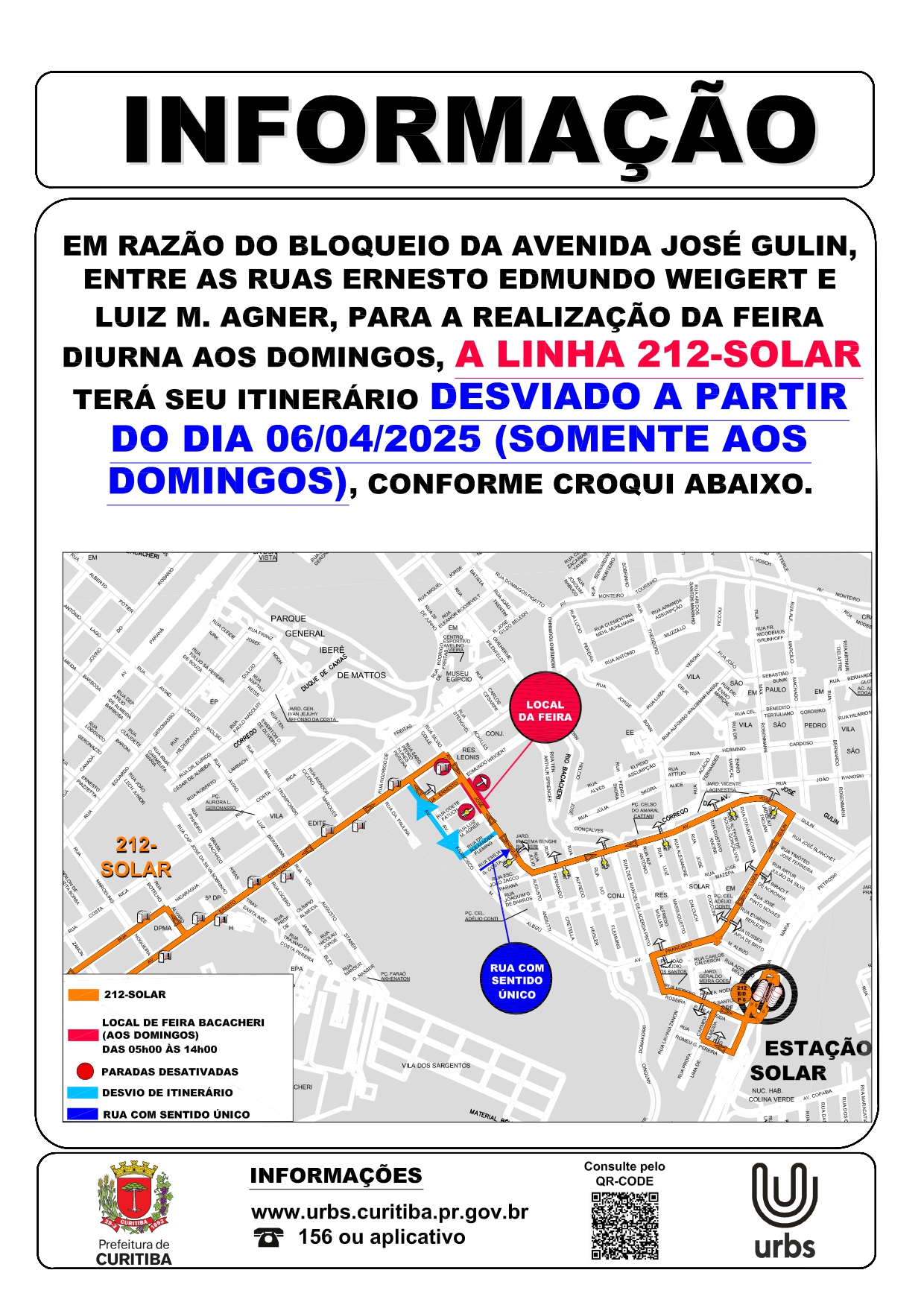 Linha 212 - SOLAR - Desvio de Itinerário (Domingos) - Feira Diurna do Bacacheri - A partir de 06/04