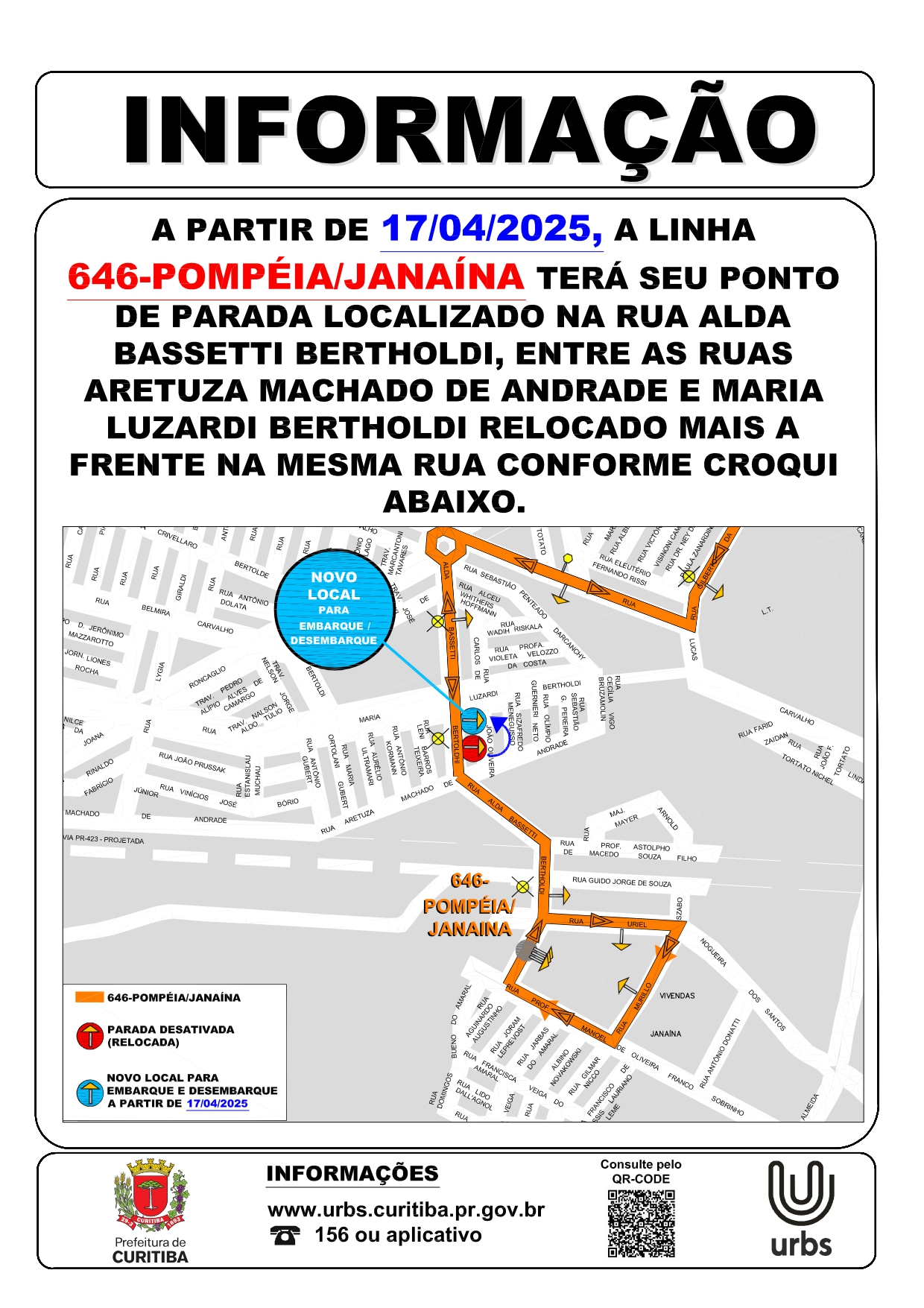 Linha 646 - POMPÉIA / JANAÍNA - Realocação de ponto de parada - A partir de 17/04