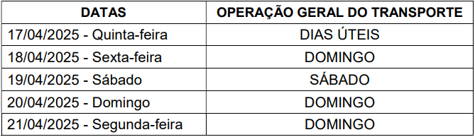 Programação Geral do Transporte Coletivo - Paixão de Cristo, Páscoa/2025 e Tiradentes