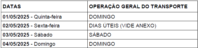 Programação Geral do Transporte Coletivo - Dia do Trabalho