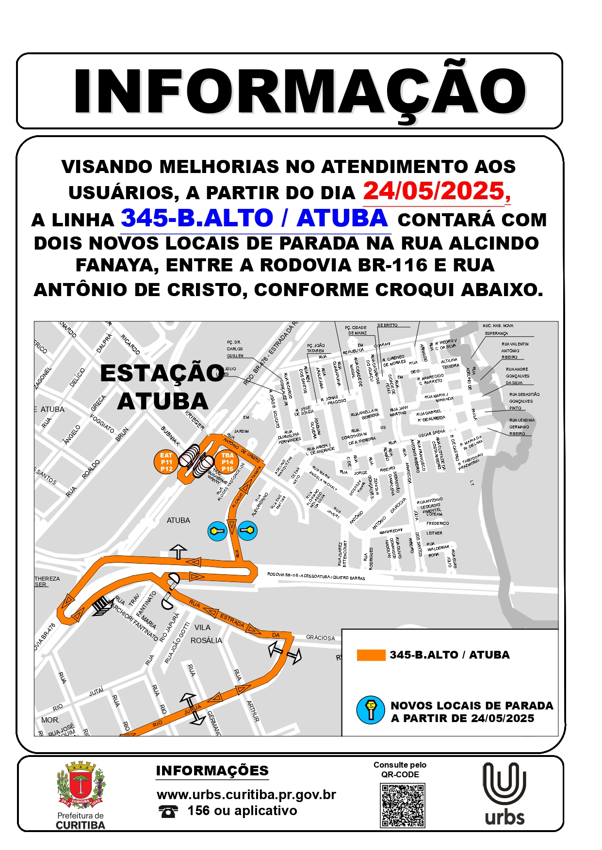 Linha 345 - B. ALTO / ATUBA - Novos pontos de parada - A partir de 24/05