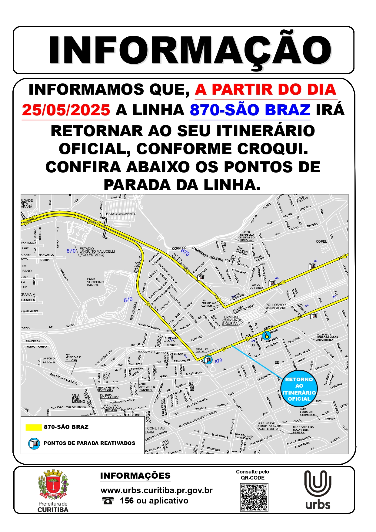 Linha 870 - SÃO BRAZ - Retorno ao itinerário oficial - A partir de 25/05