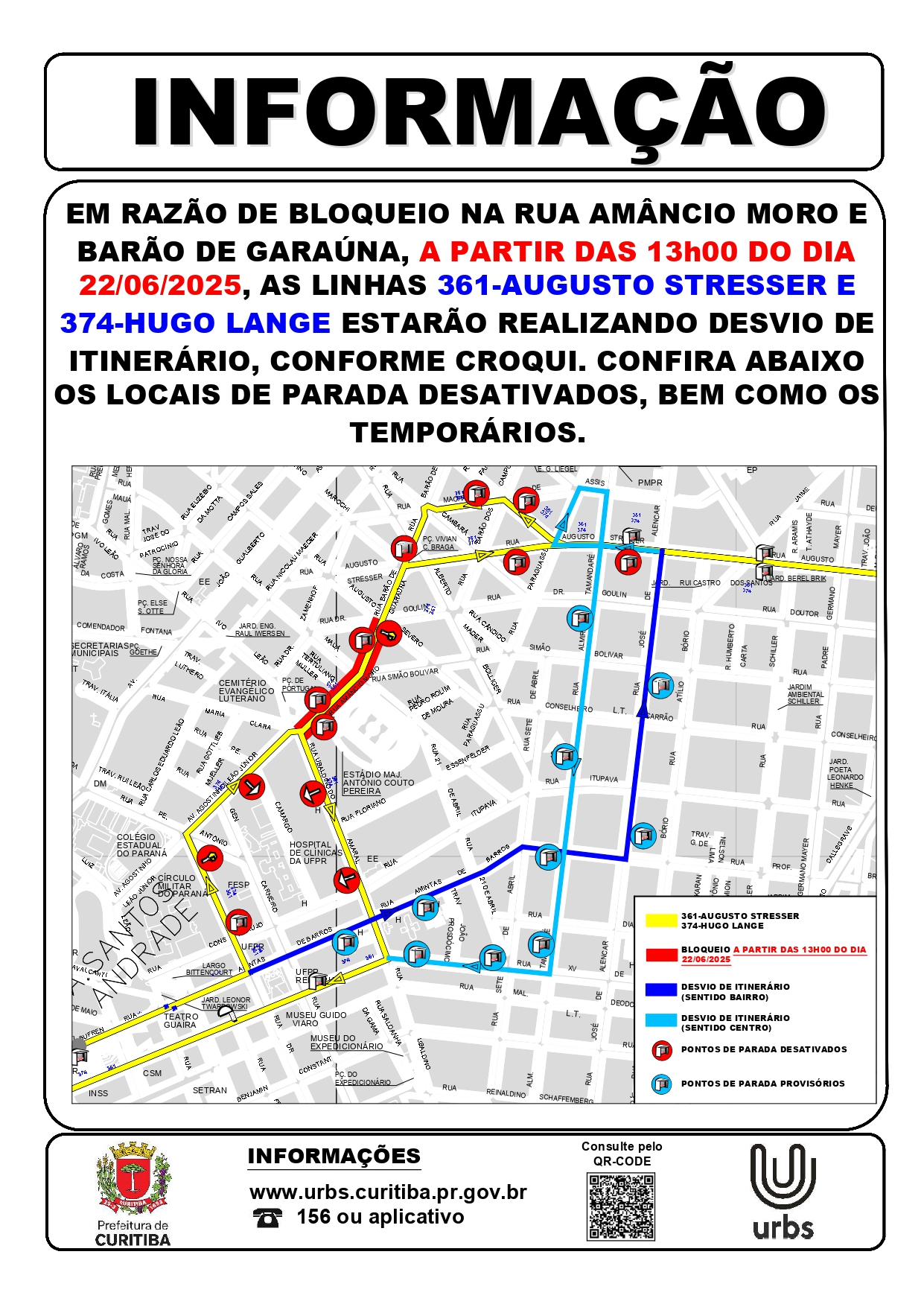 Linhas 361 - AUGUSTO STRESSER e 374 - HUGO LANGE - Desvio de Itinerário - 22/06