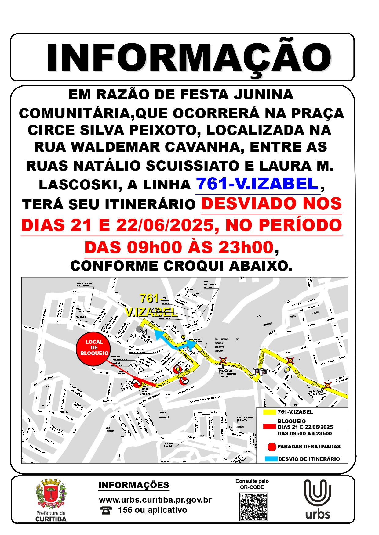 Linha 761 - V. IZABEL - Desvio de itinerário - Festa Junina Comunitária - 21 e 22/06
