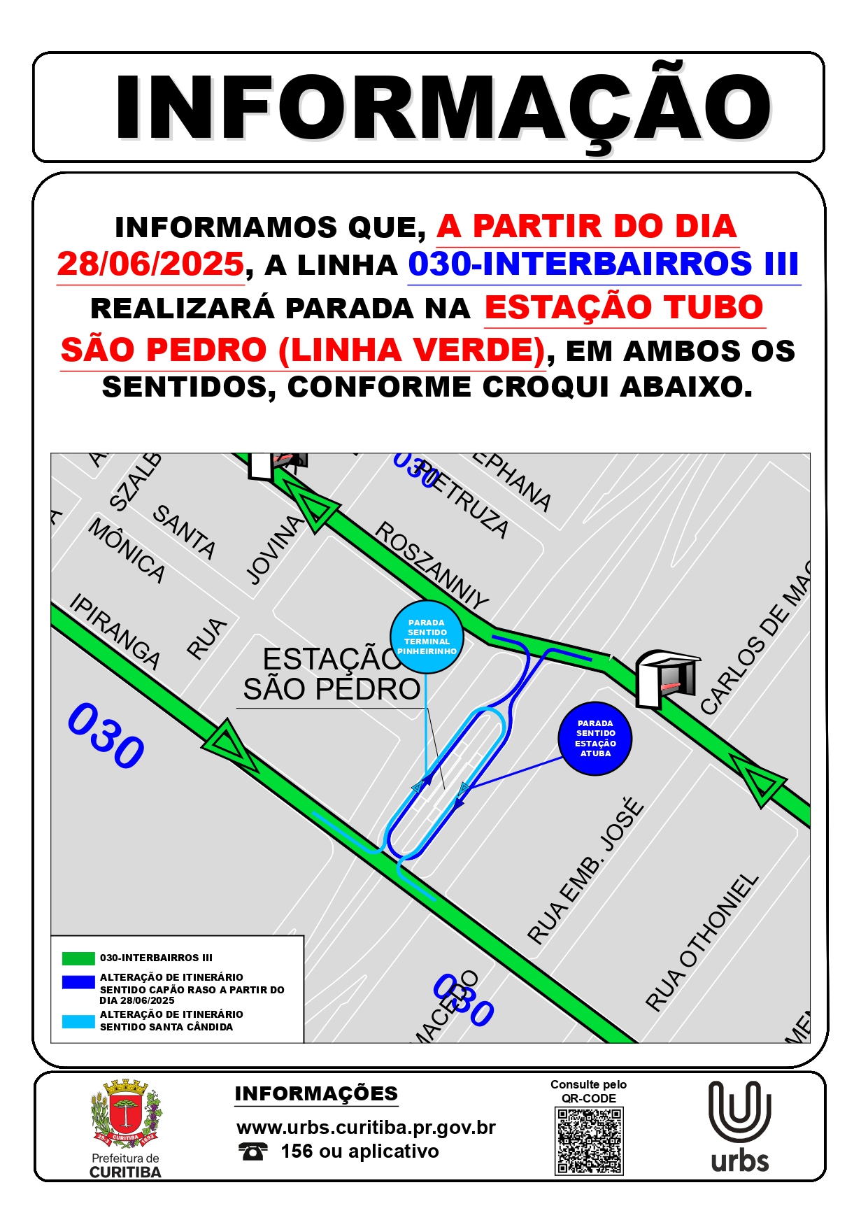 Linha 030 - INTERBAIRROS III - Alteração de itinerário - Parada na Estação Tubo São Pedro - 28/06