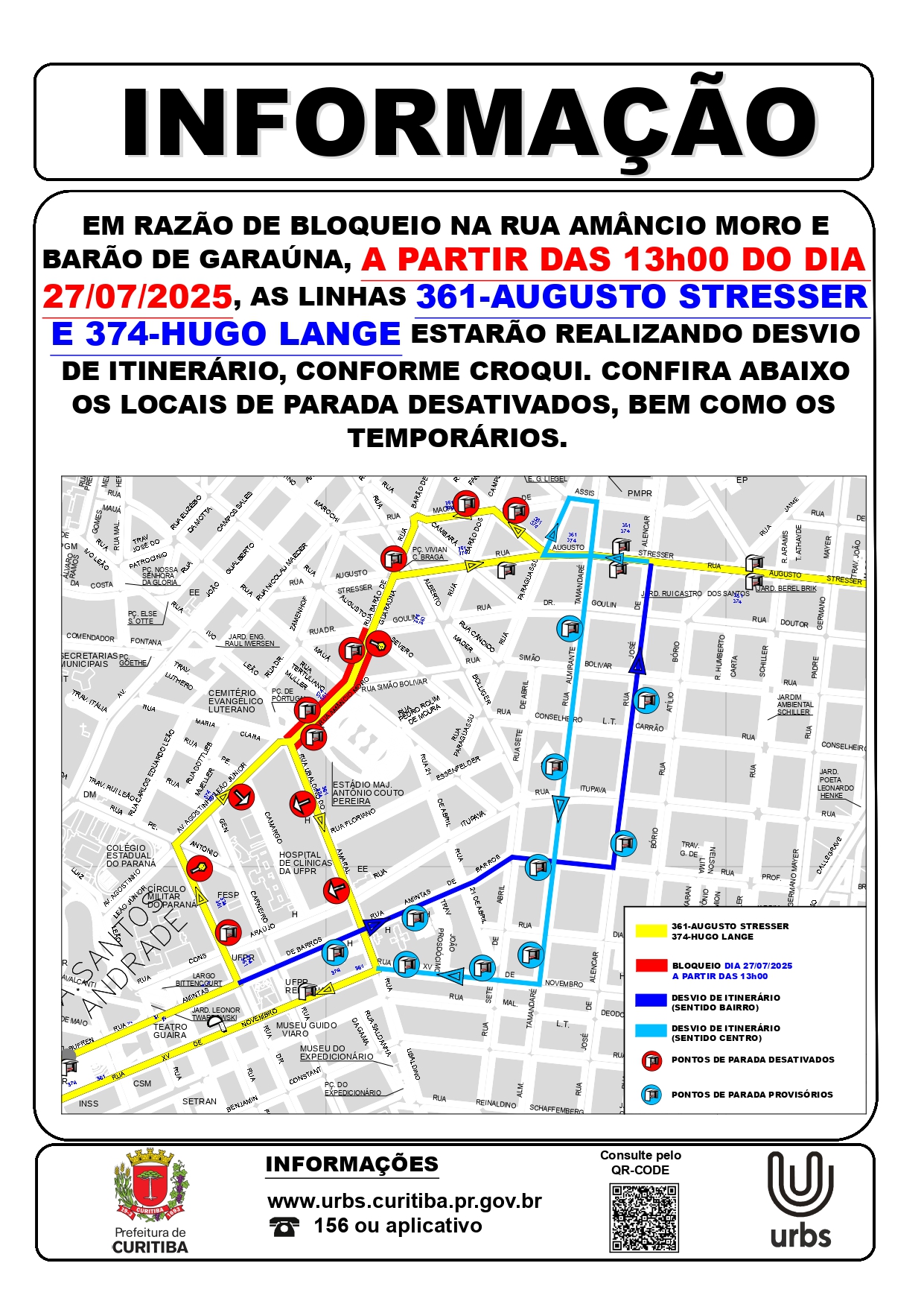 Linhas 361 - AUGUSTO STRESSER e 374 - HUGO LANGE - Desvio de Itinerário - 27/07