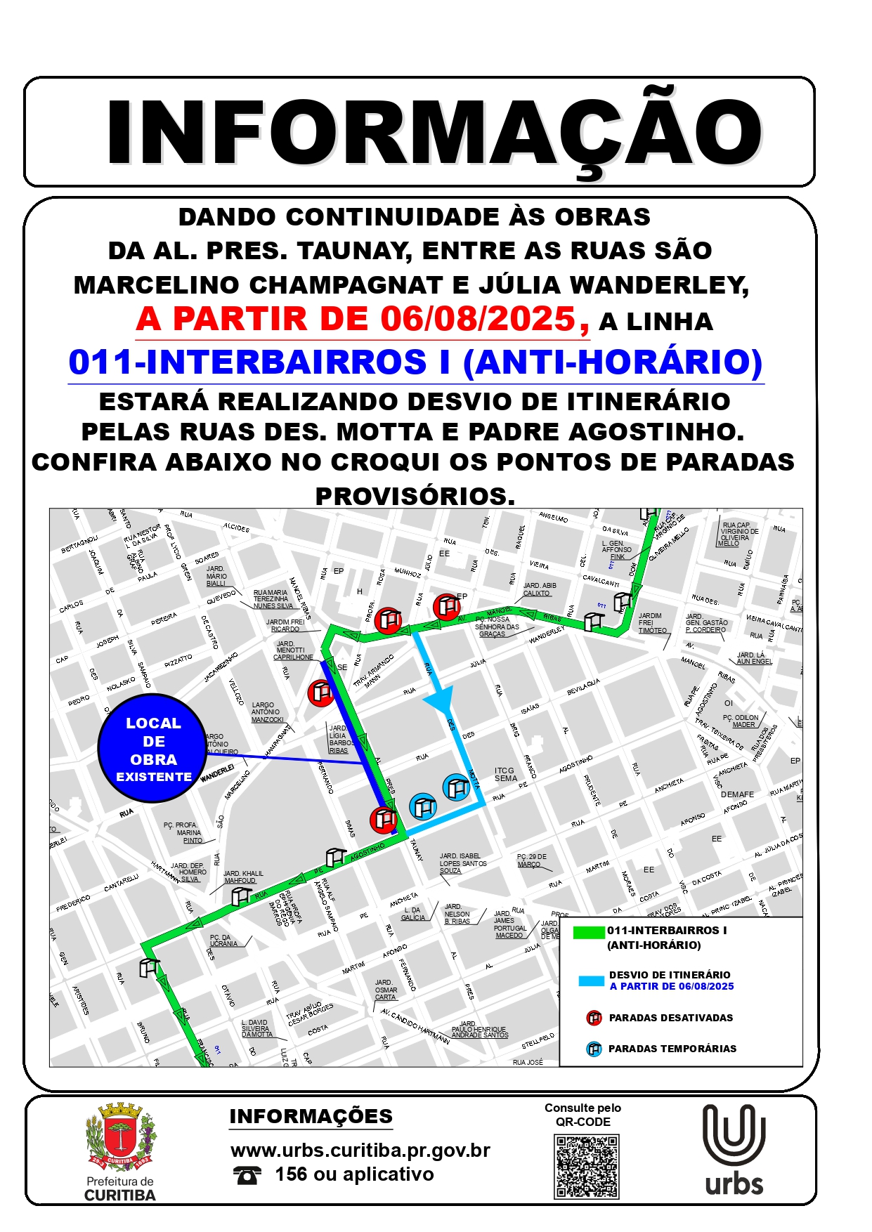 Linha 011 - INTERBAIRROS I (ANTI-HORÁRIO) - Desvio de itinerário - A partir de 06/08