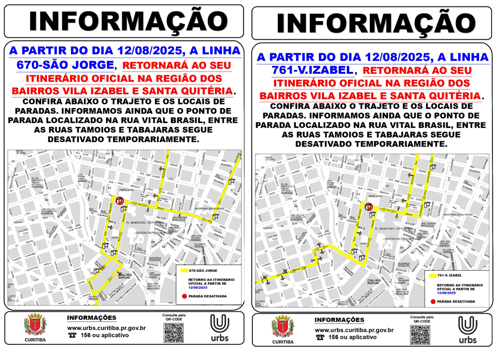 Linhas 670 - SÃO JORGE e 761 - V. IZABEL - Retorno ao itinerário oficial - A partir de 12/08