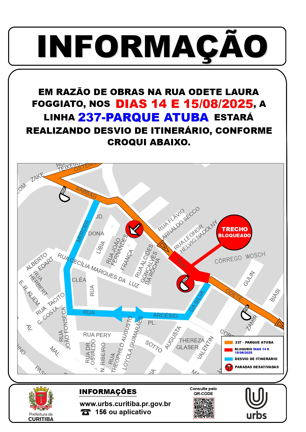 Linha 237 - PARQUE ATUBA - Desvio de itinerário - Obras de drenagem - 14 e 15/08