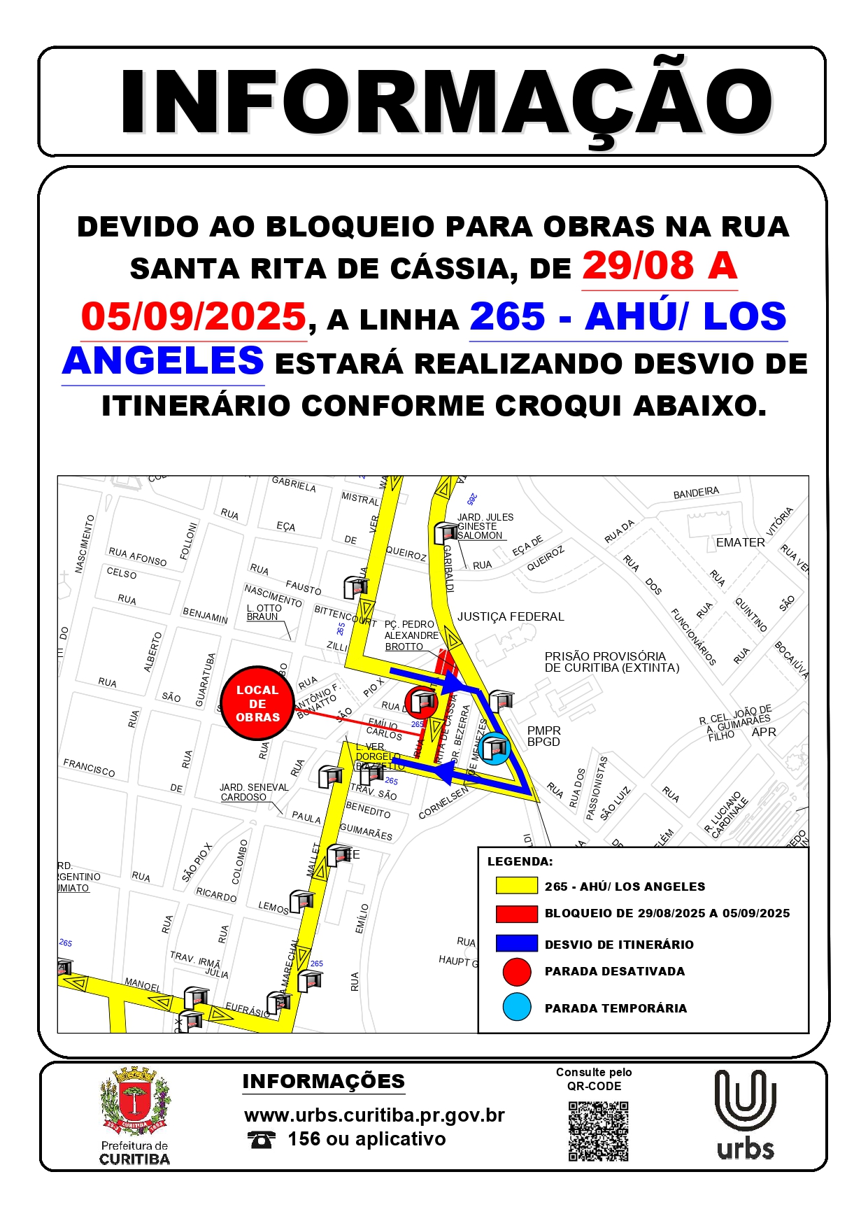 Linha 265 - AHÚ / LOS ANGELES - Desvio de itinerário - Obras de pavimentação - 29/08 a 05/09
