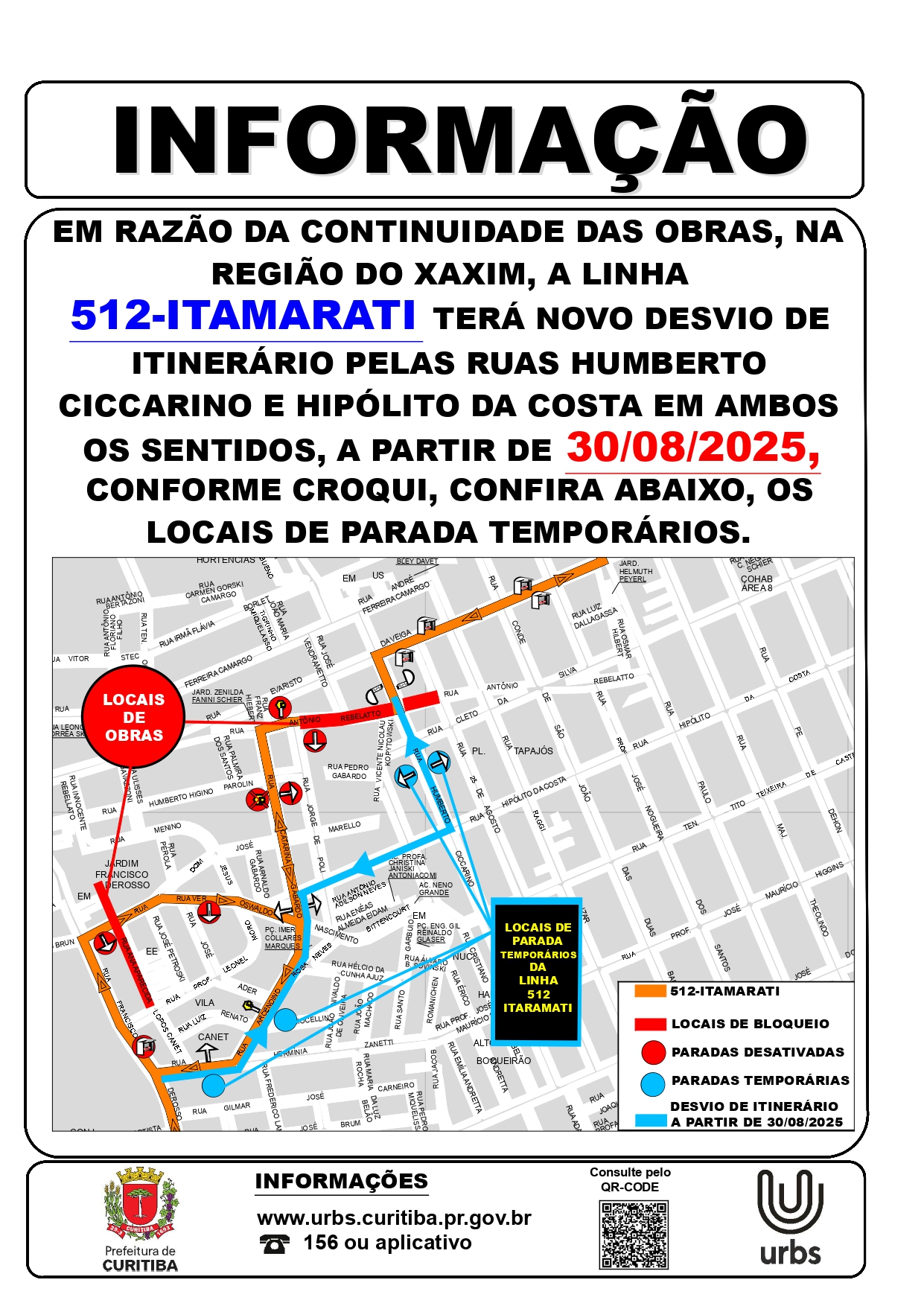 Linha 512 - ITAMARATI - Desvio de itinerário - Obras Novo INTER 2 - A partir de 30/08