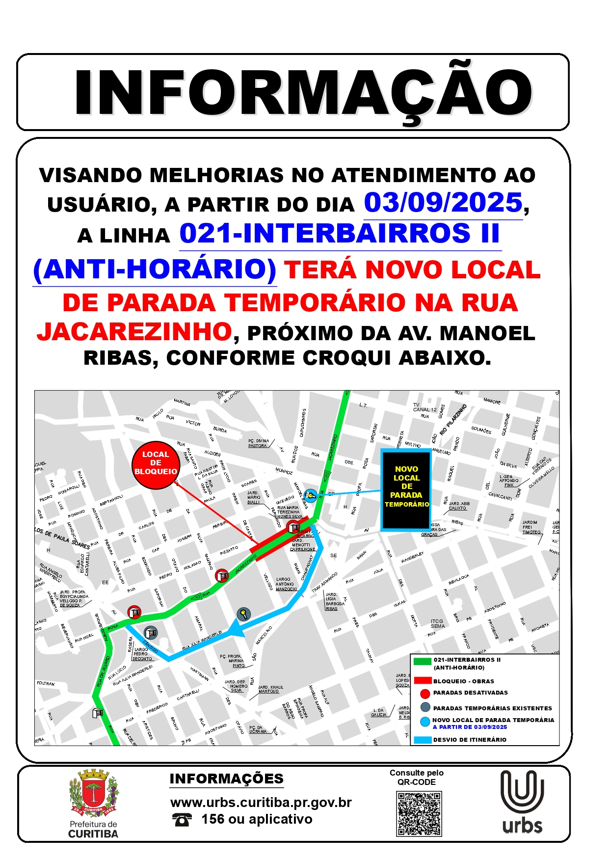 Linha 021 - INTERBAIRROS II (ANTI-HORÁRIO) - Novo ponto de parada provisório - A partir de 03/09