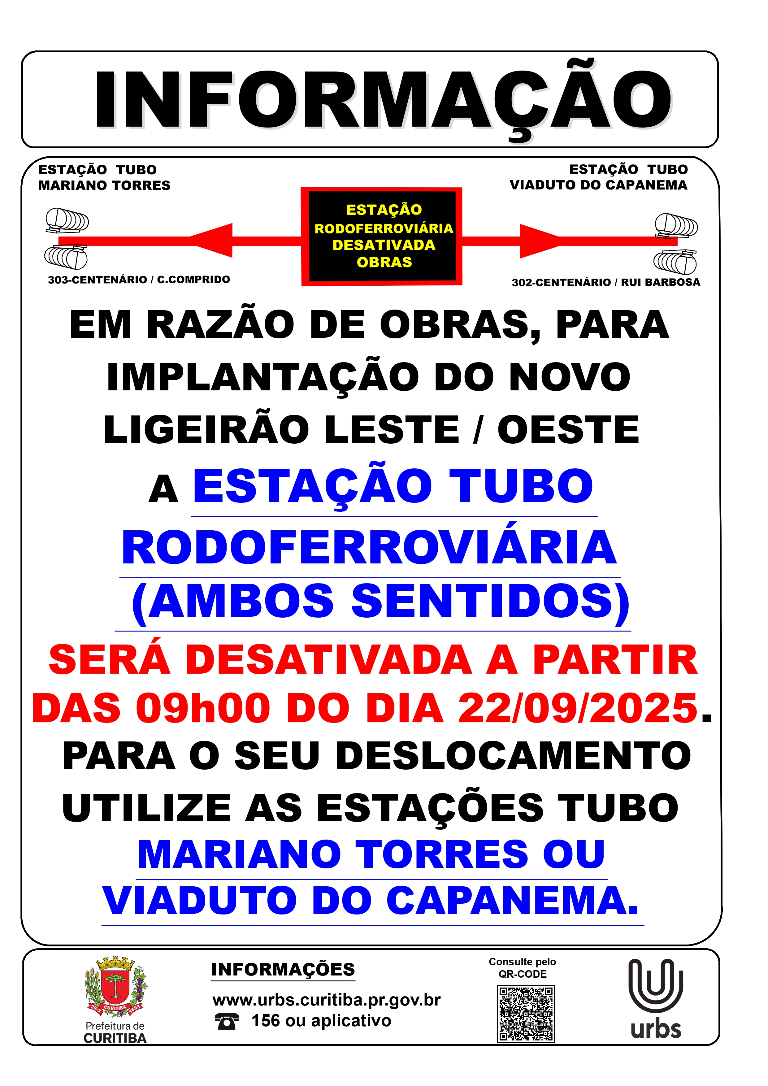 Desativação Estação Tubo Rodoferroviária - Obras Ligeirão Leste Oeste - A partir de 22/09
