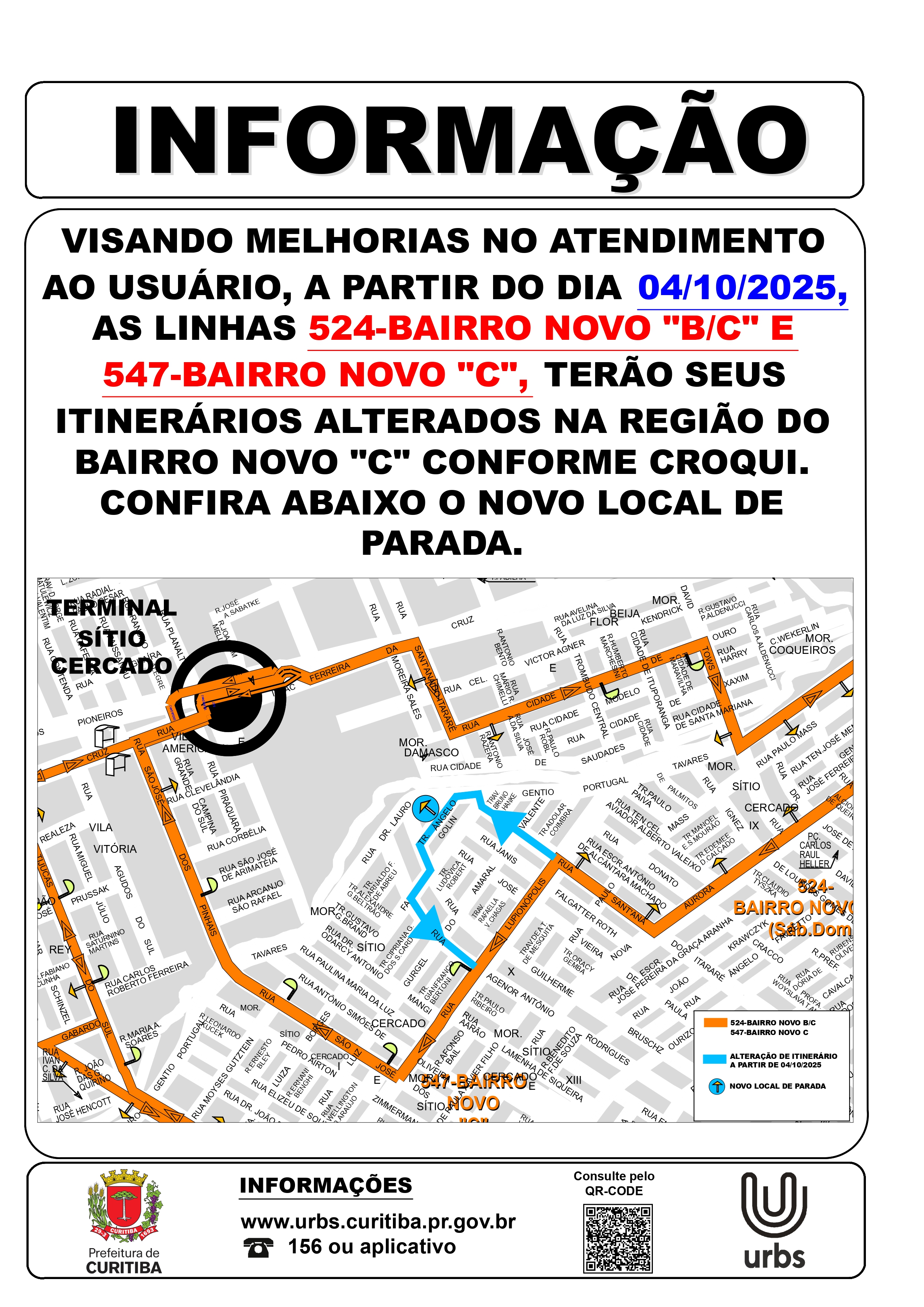 Linhas 524 - BAIRRO NOVO B/C e 547 - BAIRRO NOVO C - Alteração de itinerário - A partir de 04/10