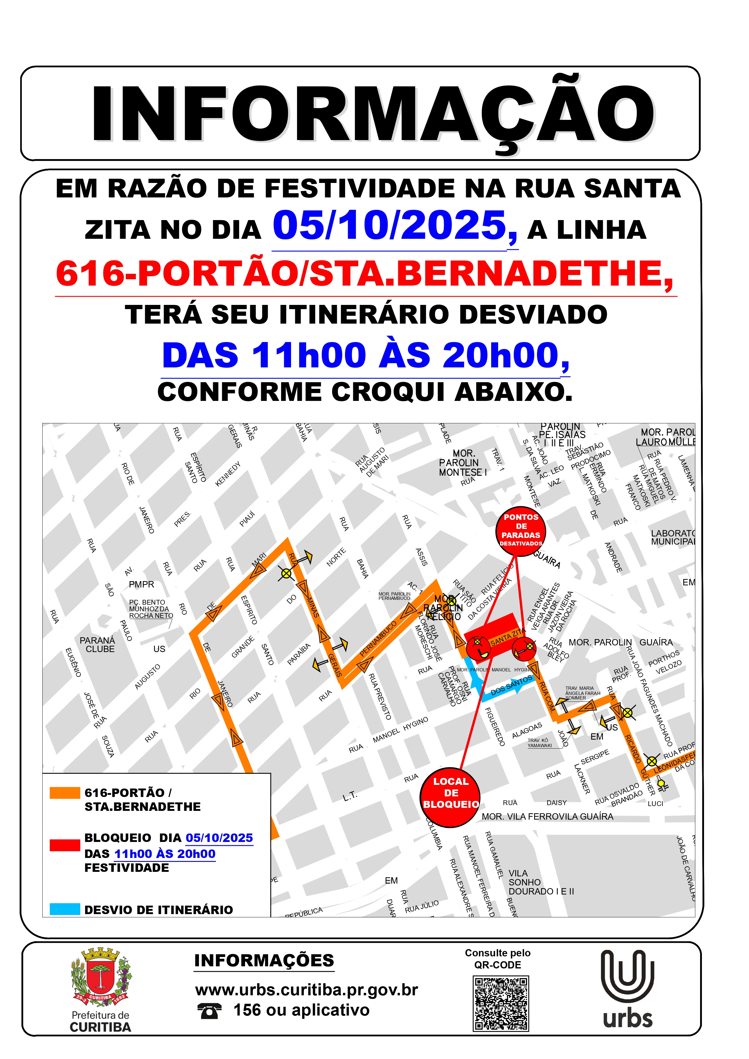 Linha 616 - PORTÃO / STA. BERNADETE - Desvio de itinerário - 05/10