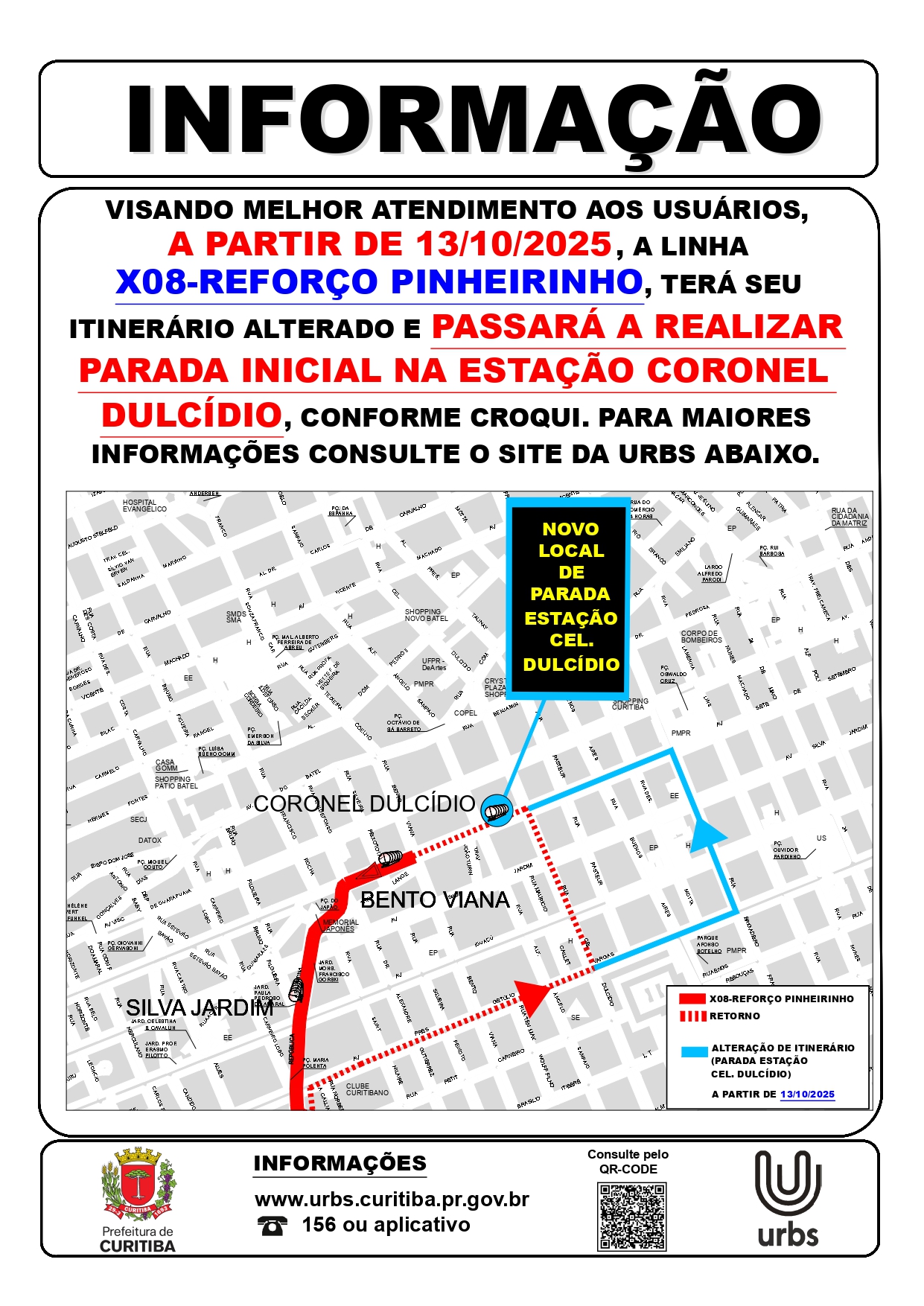 Linha X08 - REFORÇO PINHEIRINHO - Alteração de itinerário e novo local de parada - A partir de 13/10