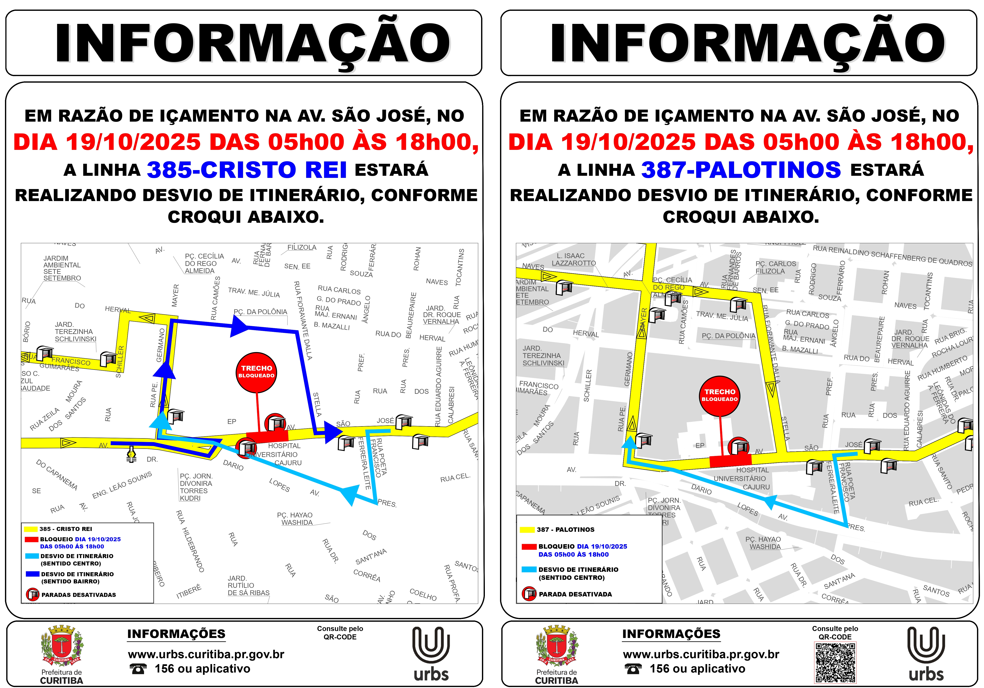 Linhas 385 - CRISTO REI e 387 - PALOTINOS - Desvio de itinerário - 19/10