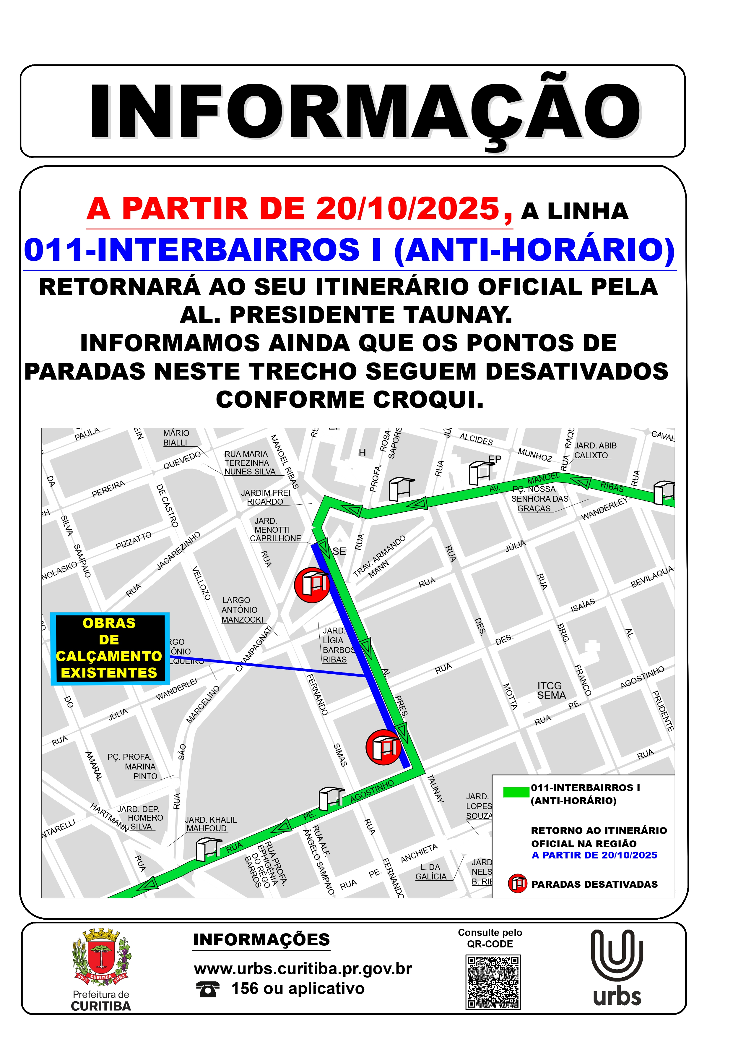 Linha 011 - INTERBAIRROS I (ANTI-HORÁRIO) - Retorno ao itinerário oficial - A partir de 20/10