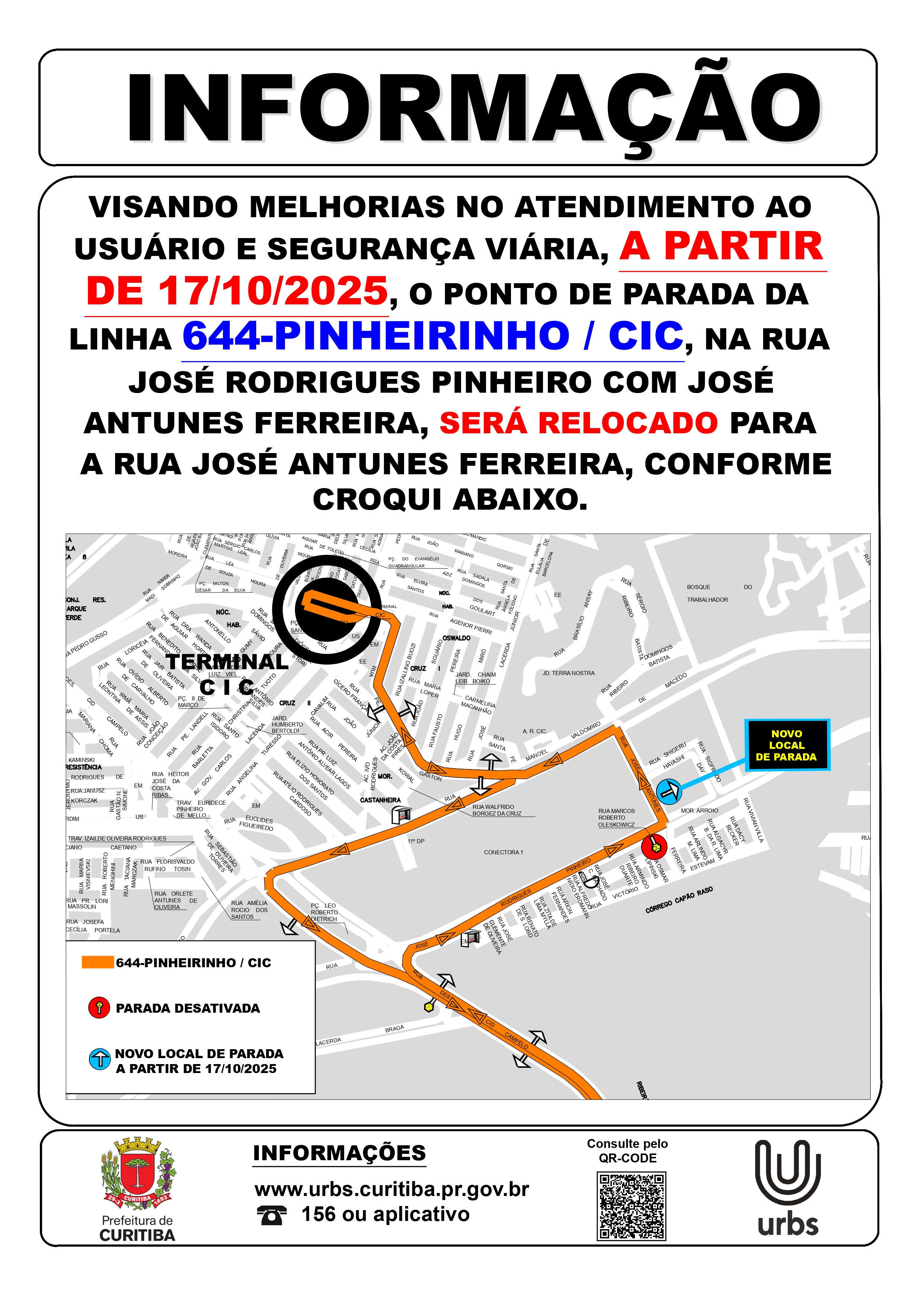 Linha 644 - PINHEIRINHO / CIC - Realocação de ponto de parada - A partir de 18/10