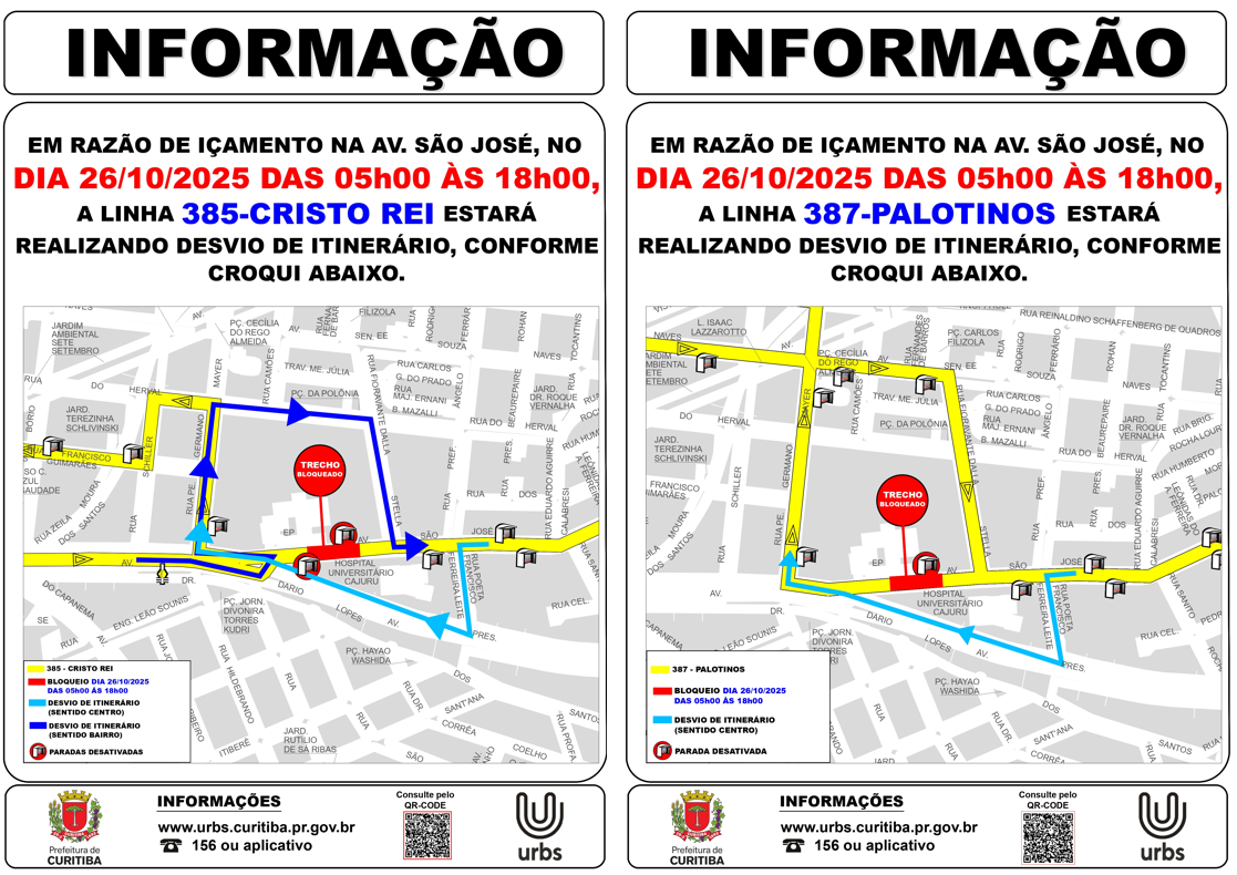 Linhas 385 - CRISTO REI e 387 - PALOTINOS - Desvio de itinerário - 26/10