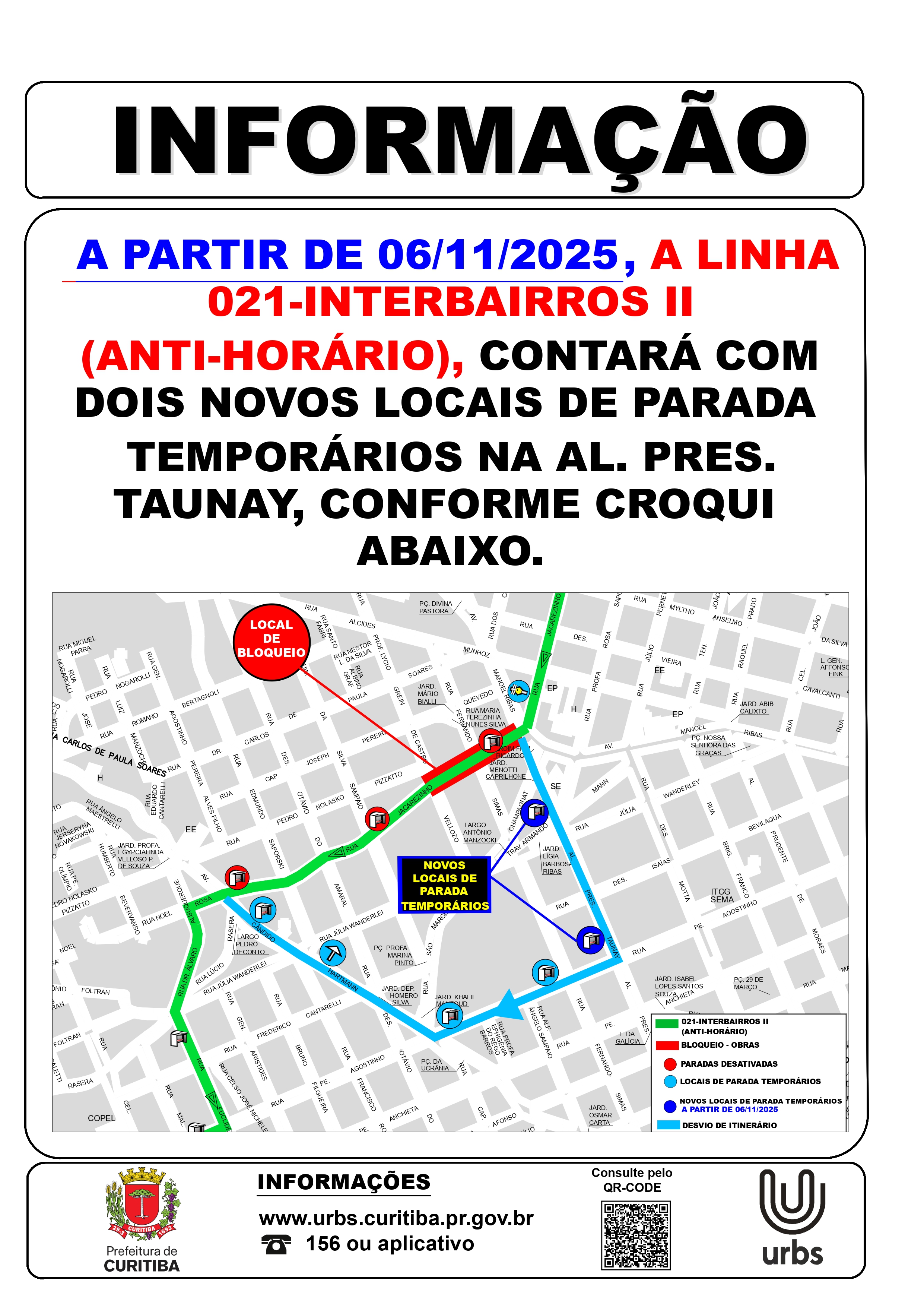 Linha 021 - INTERBAIRROS II (ANTI-HORÁRIO) - Novos pontos de parada temporários - A partir de 06/11