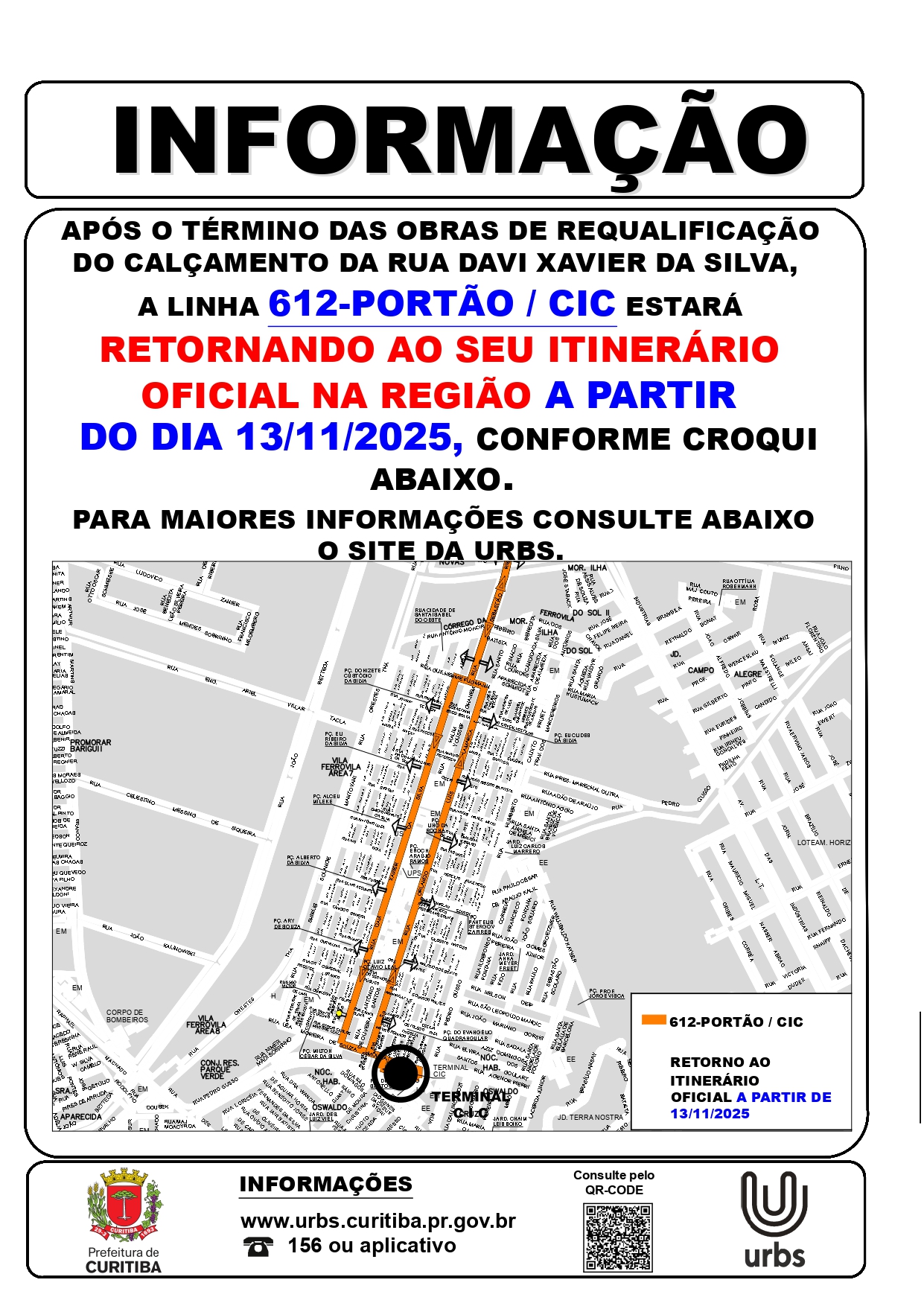 Linha 612 - PORTÃO / CIC - Retorno de Itinerário - A partir de 13/11