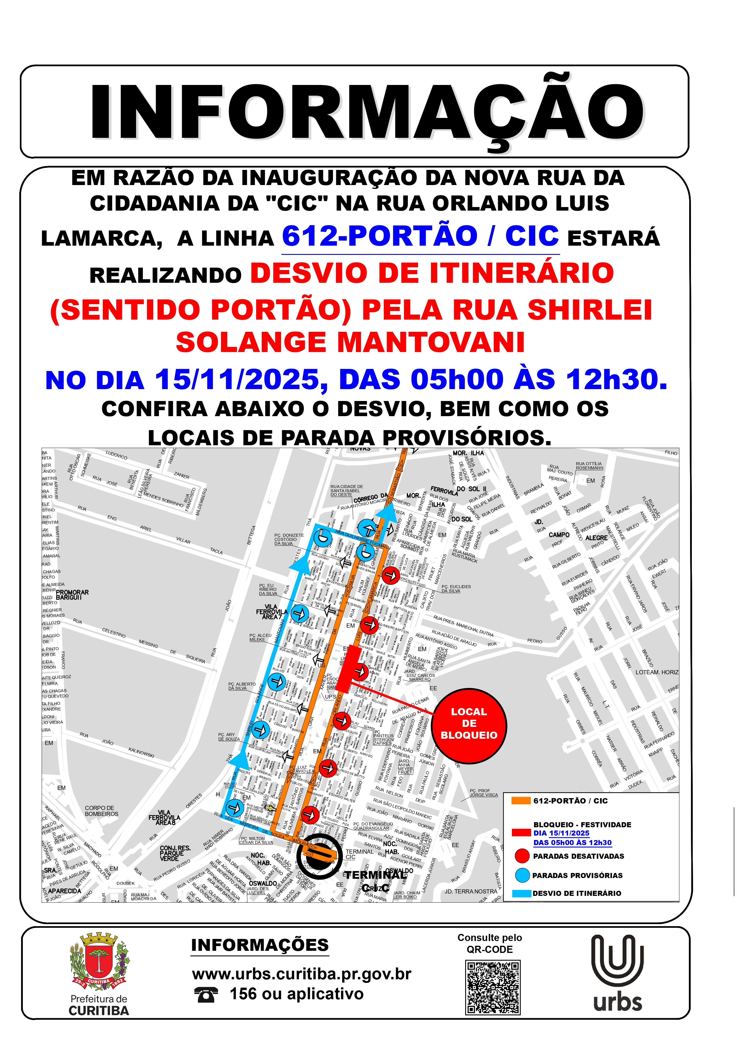 Linha 612 - PORTÃO / CIC - Desvio de itinerário - 15/11