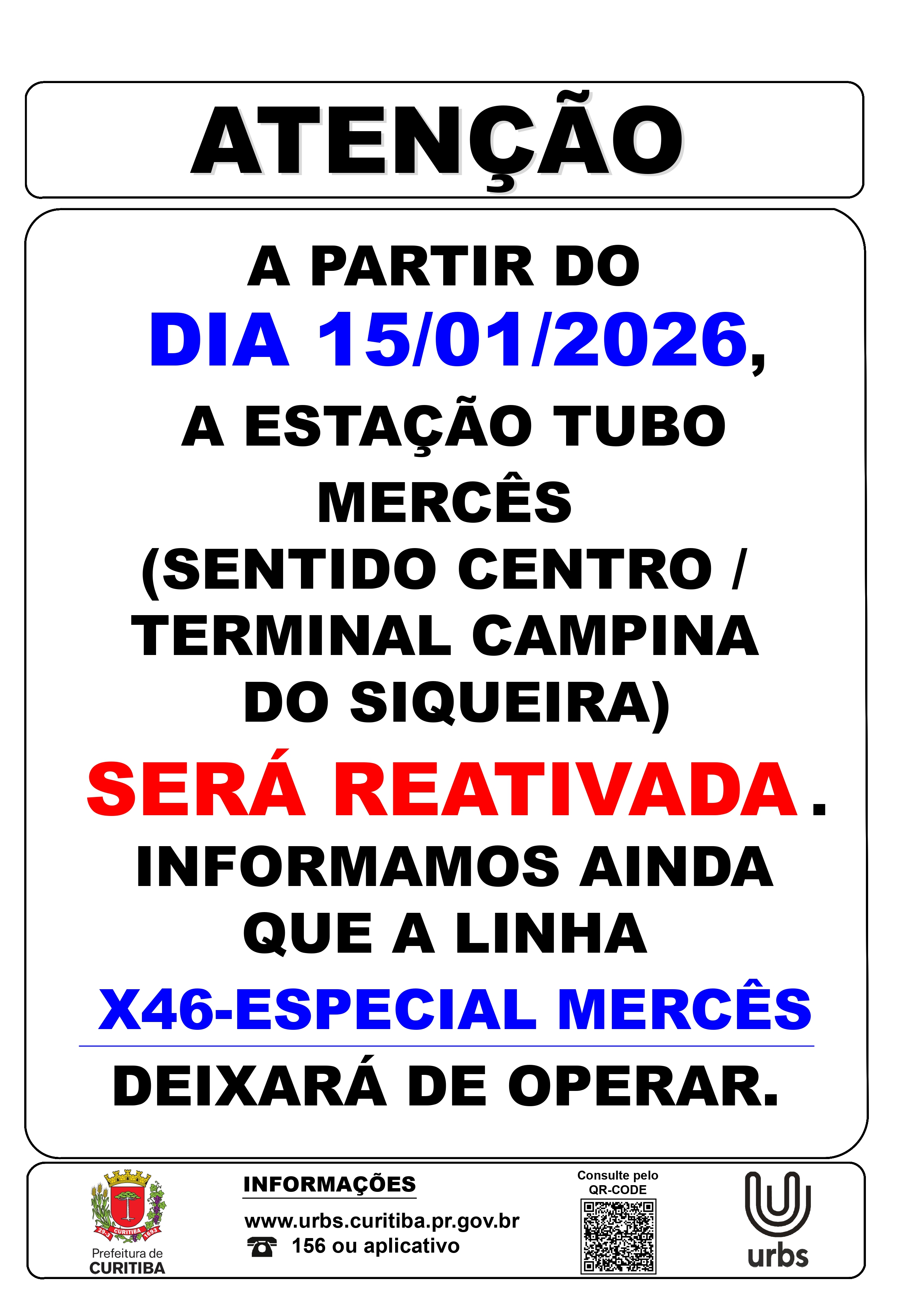 Reativação Estação Tubo Mercês - A partir de 15/01