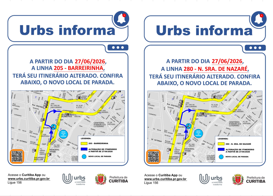 Linhas  205 -  BARREIRINHA e 208 - NSA. SRA. DE NAZARÉ - Alteração de itinerário - a partir de 27/06