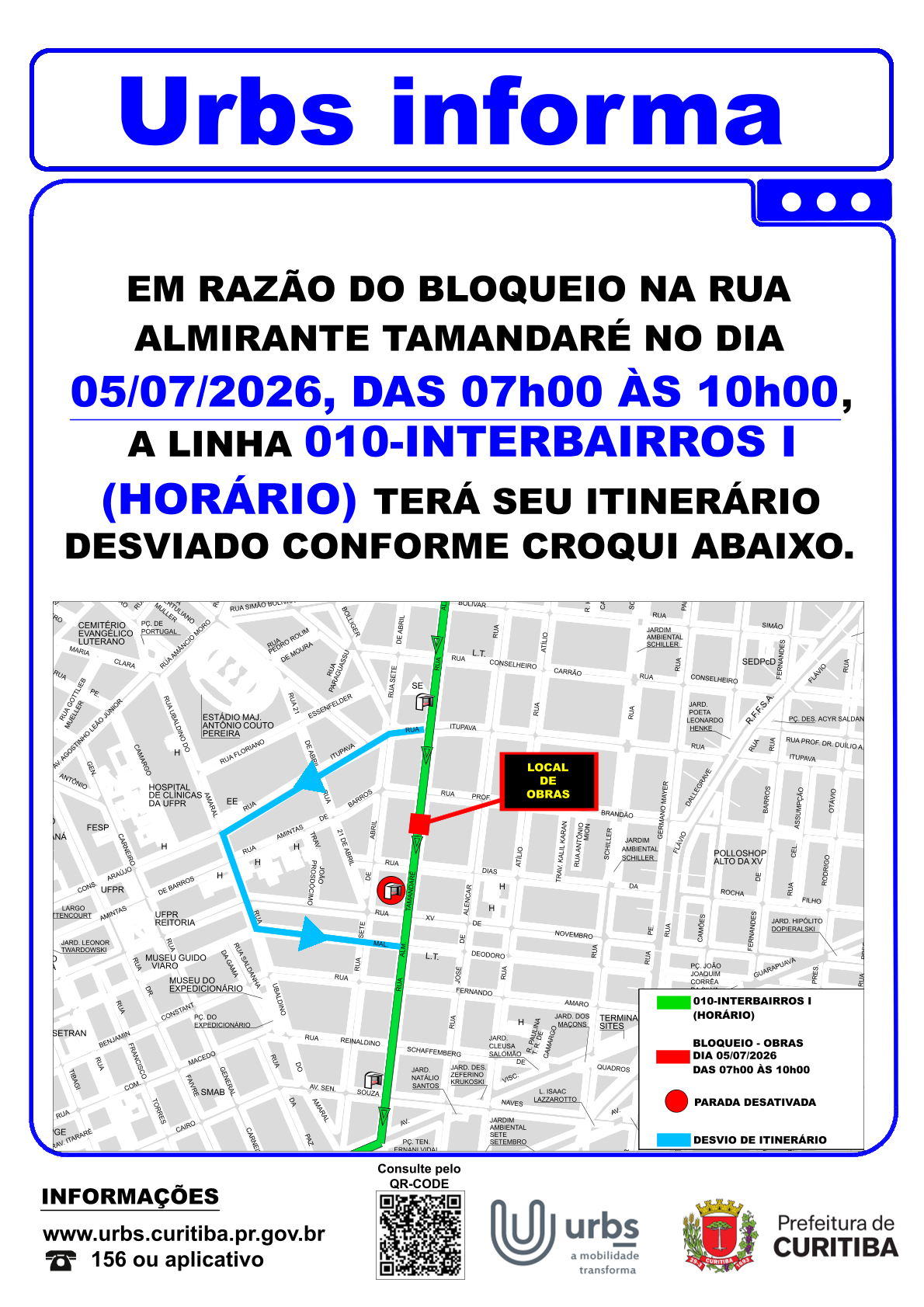 Linha 010 - INTERBAIRROS I (HORÁRIO)- Desvio de Itinerário - Obras - dia 05/07