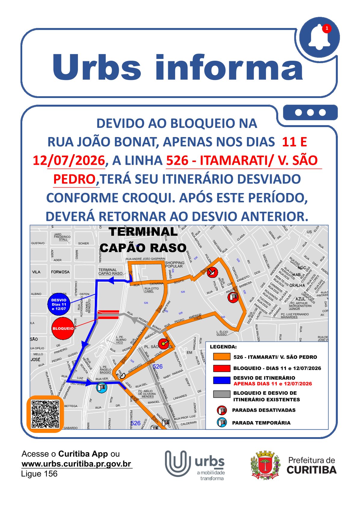 Linhas diversas - Desvio de Itinerário - Obras -  Rua Pedro Bonat - 11 e 12/07
