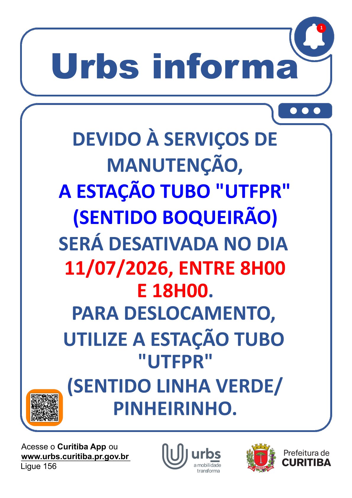 Desativação Temporária - Estação Tubo UTFPR - Manutenção - 11/07