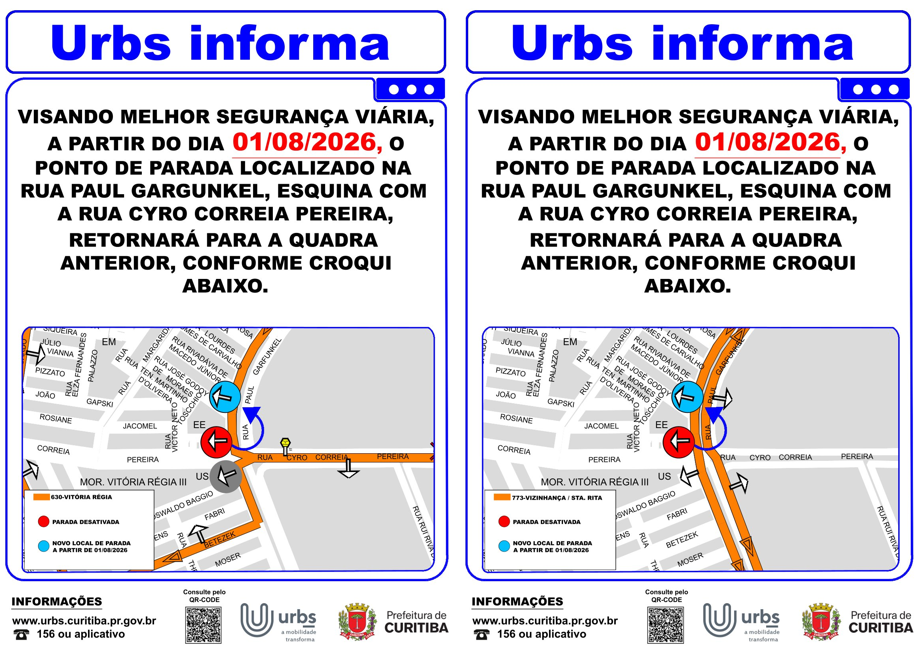 Linhas 630 - VITÓRIA RÉGIA e 773 - VIZINHANÇA/STA.RITA - Realocação de Ponto de Parada - 01/08