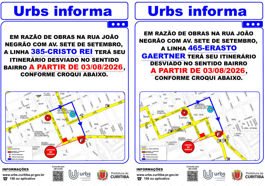Linhas 385 - CRISTO REI e 465 - ERASTO GAERTNER - Desvio de itinerário - Obras - A partir de 03/08