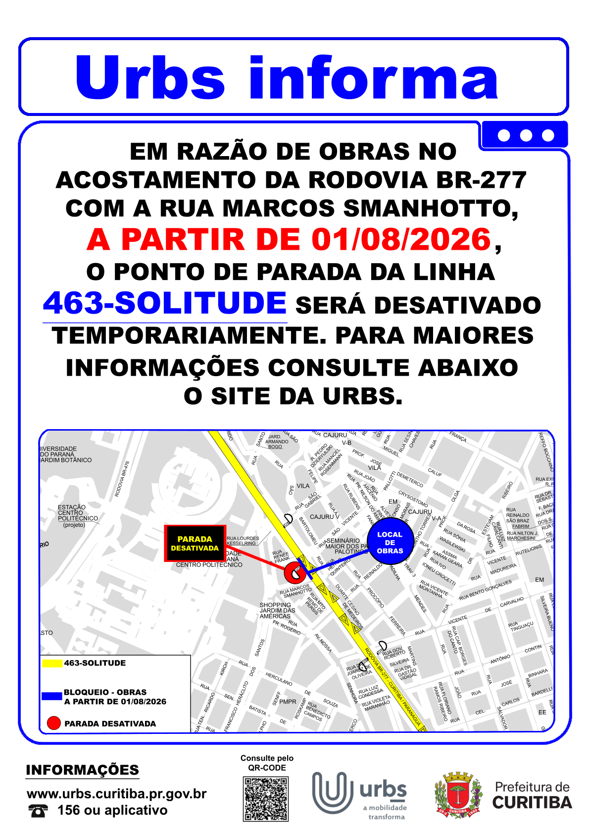 Linha 463 - SOLITUDE - Desativação temporária de ponto de parada - Obras - A partir de 01/08