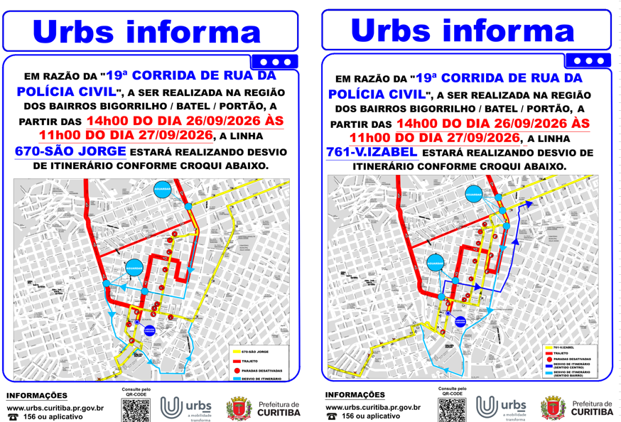 Linhas 670 - SÃO JORGE e 761 - V. IZABEL - Desvio - Montagem Corrida da Polícia Civil - 26 a 27/09