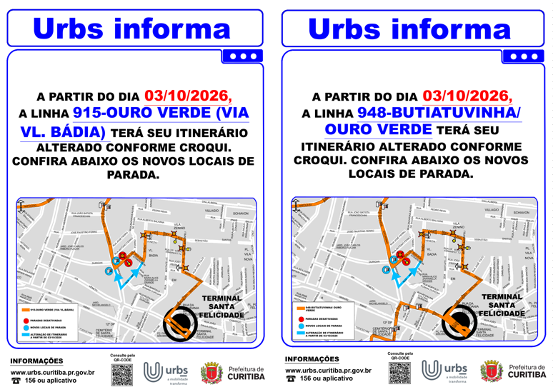 Linhas 915 - OURO VERDE e 948 - BUTIATUVINHA/OURO VERDE - Alteração de Itinerário - 03/10