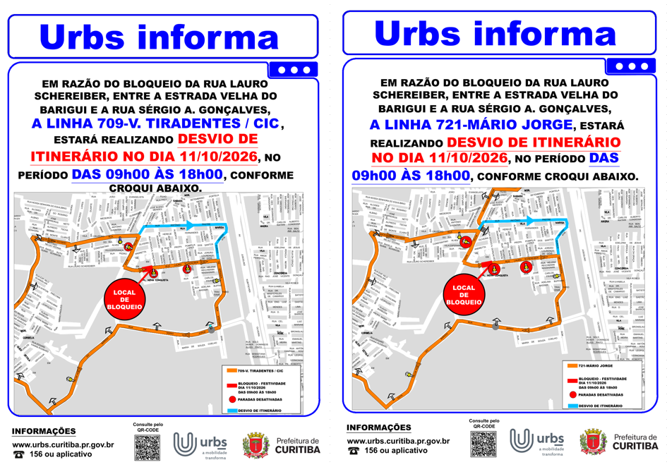 Linhas 709 - V. TIRADENTES / CIC e 721 - MÁRIO JORGE - Desvio de Itinerário - Evento - 11/10