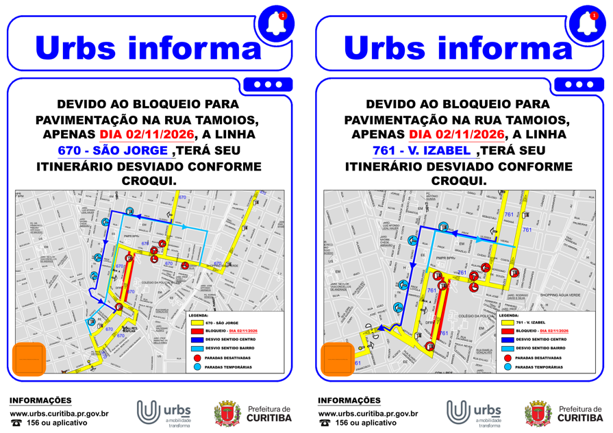 Linhas 670 - SÃO JORGE e 761 - V. IZABEL Desvio de itinerário somente 02/11
